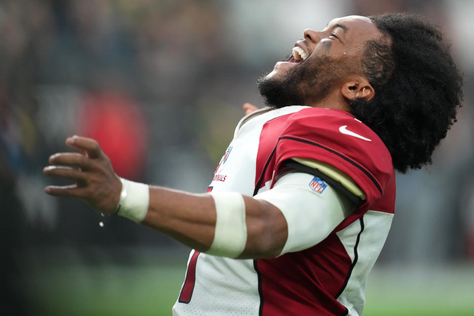 Sep 18, 2022; Paradise, Nevada, USA; Arizona Cardinals quarterback Kyler Murray (1) celebrates after the Cardinals defeated the Las Vegas Raiders 29-23 in overtime at Allegiant Stadium. Mandatory Credit: Stephen R. Sylvanie-USA TODAY Sports