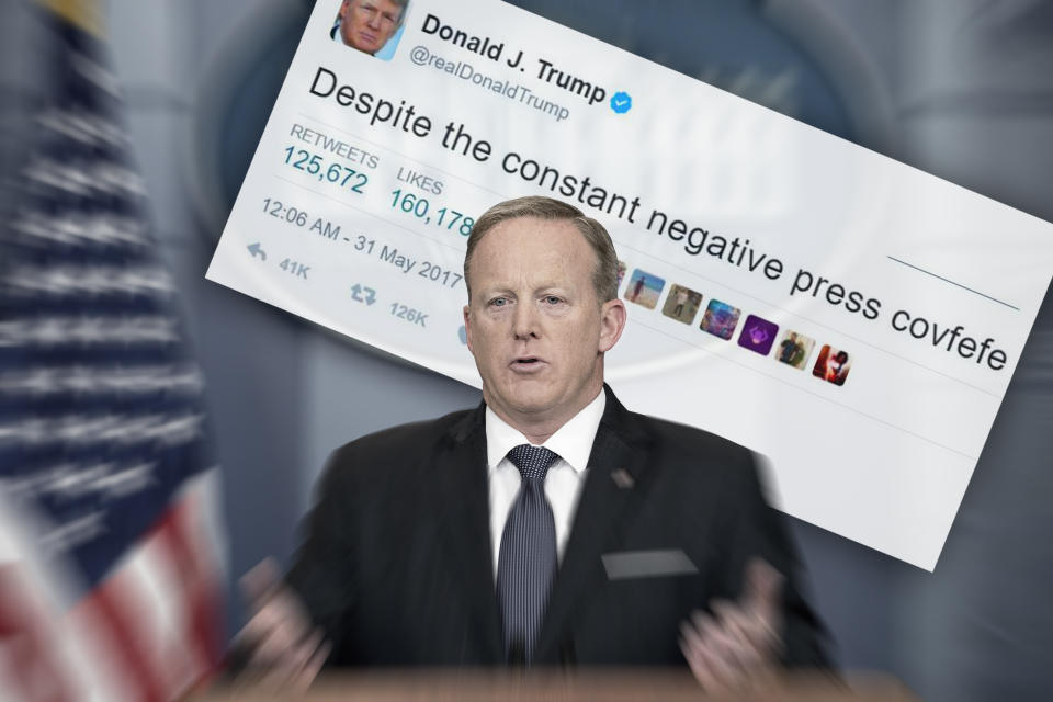Spicer speaks during a daily press briefing at the White House in May. (Photo illustration: Yahoo News; photos: Andrew Harnik/AP, Twitter)