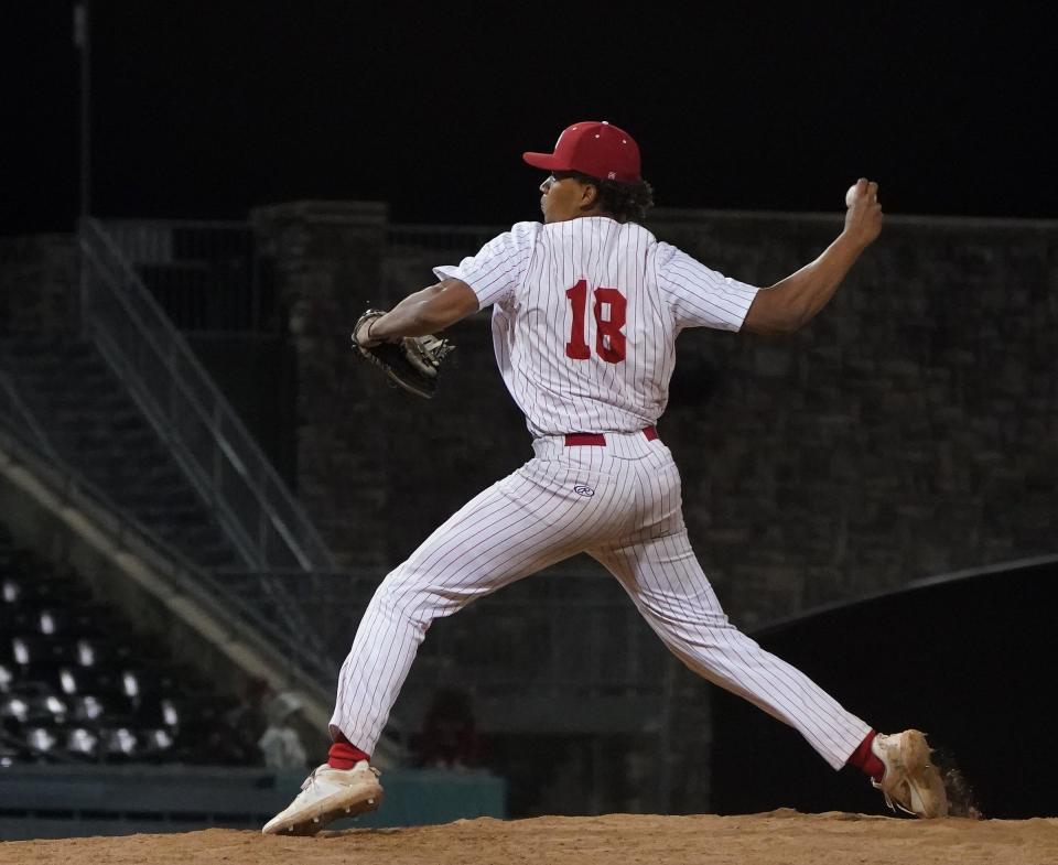 North Rockland pitcher Christofer Cespedes (18) delivers a pitch during the Crotty-Konkowski Wood Bat Classic baseball game against Suffern at Clover Stadium in Pomona. Saturday, April 27, 2024.