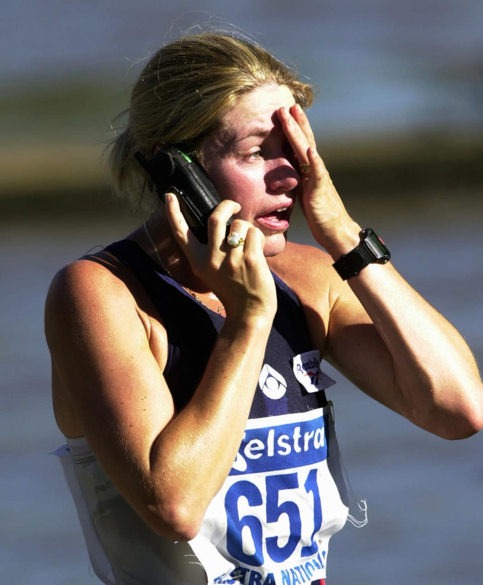 23 Mar 2001: Jane Saville of Australia shows her disappointment after she was disqualified during the women's 20 kilometre walk at the Australian Championships in Brisbane, Australia. Saville was disqualified in the same event while leading at the Sydney Olympics. DIGITAL IMAGE. Mandatory Credit: Darren England/ALLSPORT