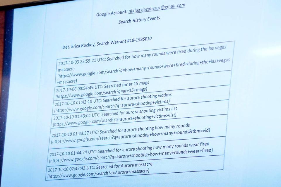 El historial de búsqueda de la cuenta de Google Nikolasjacobcruz@gmail.com, mostrado en el tribunal. Nikolas Cruz está siendo juzgado en la fase de sentencia en la Corte del Condado Broward en Fort Lauderdale el miércoles 27 de julio de 2022. Cruz se declaró previamente culpable de los 17 cargos de asesinato premeditado y 17 cargos de intento de asesinato en la masacre de 2018.