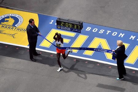 Apr 17, 2017; Boston, MA, USA; Geoffrey Kirui crosses the finish line of the 2017 Boston Marathon winning the men's division. Brian Fluharty-USA TODAY Sports