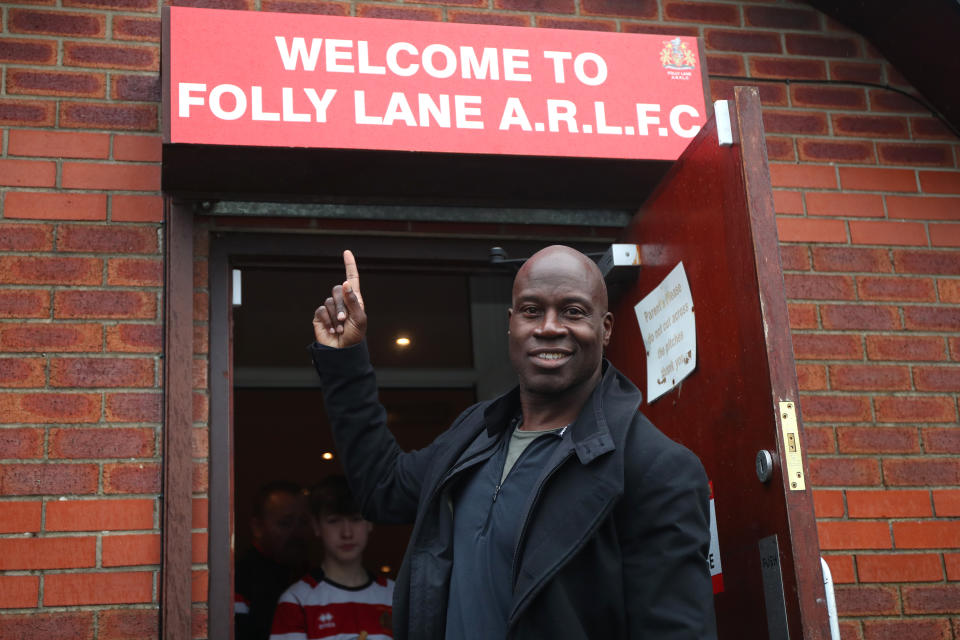 Martin Offiah joins young players from Folly Lane ARLFC on the morning of the RLWC2021 Wheelchair Final to celebrate National Lottery investment into Rugby League on November 18, 2022 in Manchester, England.