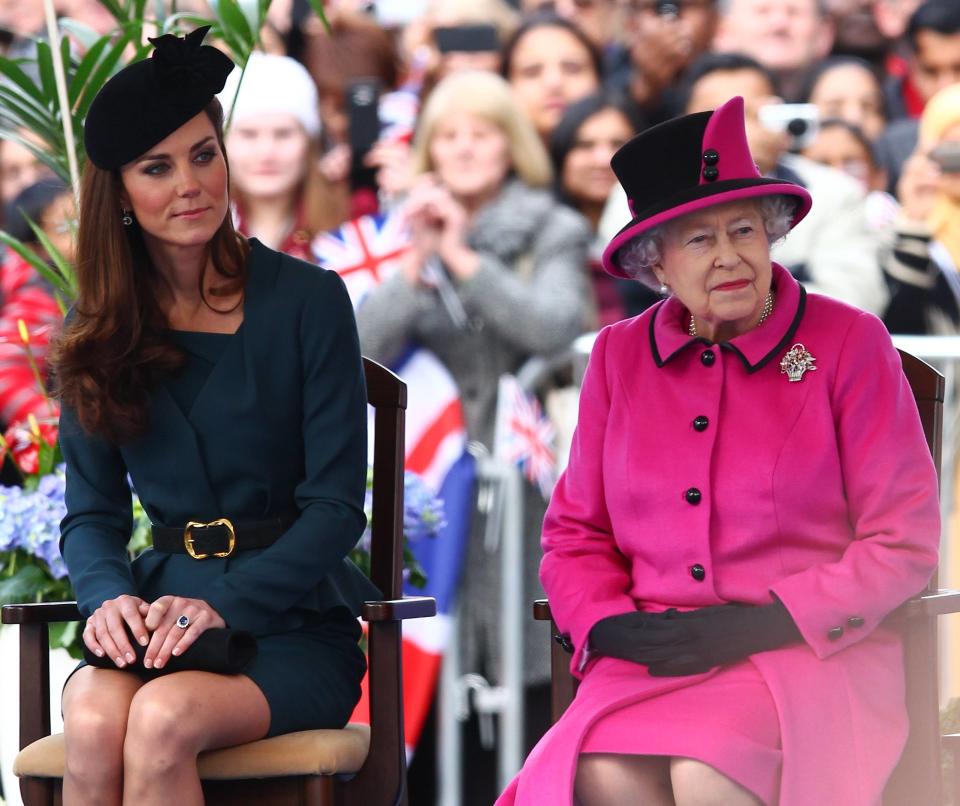 HRH Queen Elizabeth II and Catherine Duchess of Cambridge, aka Kate Middleton at Leicester City centre on March 8, 2012.   
The Queen and members of the Royal family are visiting Leicester as part of her Diamond Jubilee Tour
Leicester, England - 08.03.12
Mandatory Credit: WENN.com