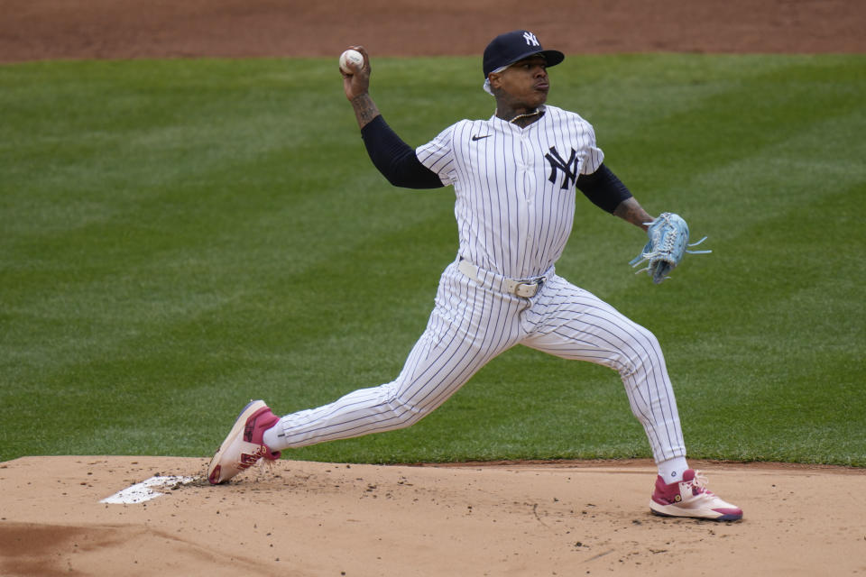 New York Yankees pitcher Marcus Stroman throws during the first inning of the home opener baseball game against the Toronto Blue Jays at Yankee Stadium Friday, April 5, 2024, in New York. (AP Photo/Seth Wenig)