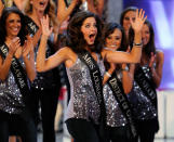 LAS VEGAS, NV - JANUARY 14: Hope Anderson, Miss Louisiana, reacts after being named a top 15 finalist during the 2012 Miss America Pageant at the Planet Hollywood Resort & Casino January 14, 2012 in Las Vegas, Nevada. (Photo by Ethan Miller/Getty Images)