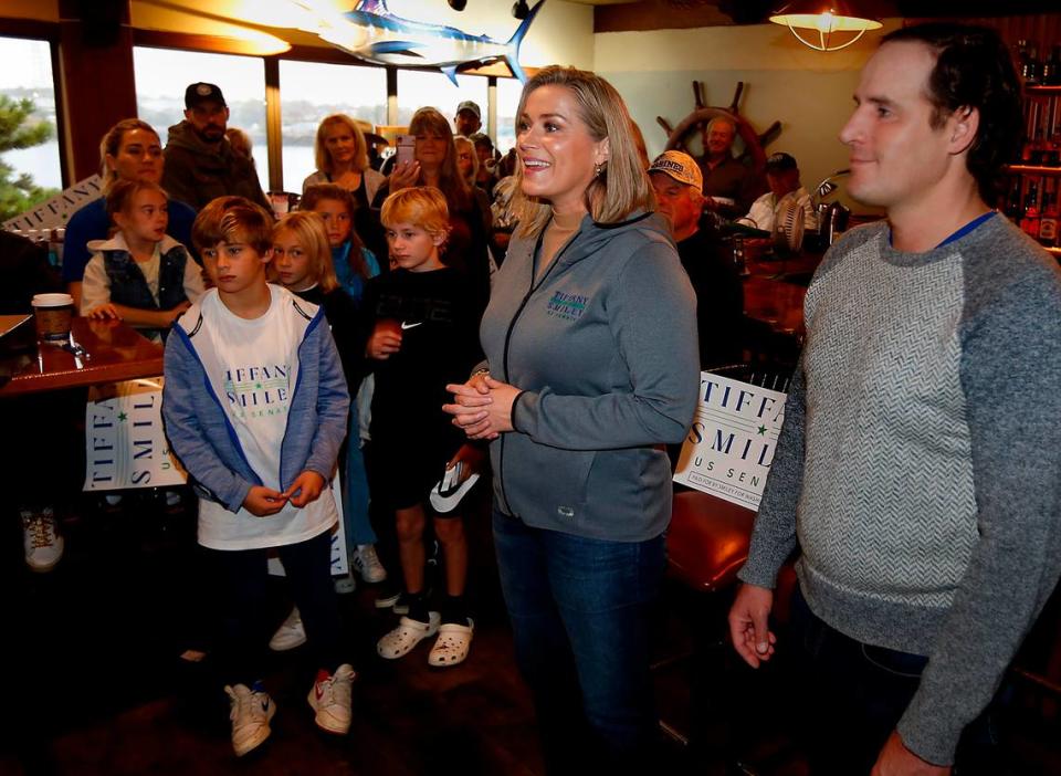 In this 2022 photo, U.S. Senate candidate Tiffany Smiley stands next to her husband, Scott, at a New Mom in Town Tour stop at the Clover Island Inn in Kennewick.