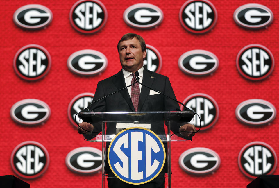 Georgia head coach Kirby Smart speaks duringSoutheastern Conference Media Days Tuesday, July 17, 2018, in Atlanta. (AP Photo/John Bazemore)