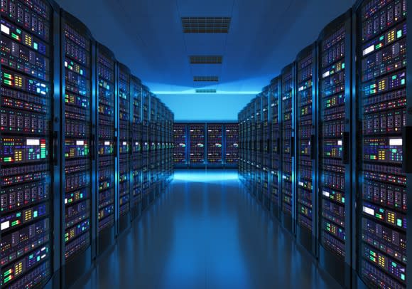 Racks of computers in a data center.