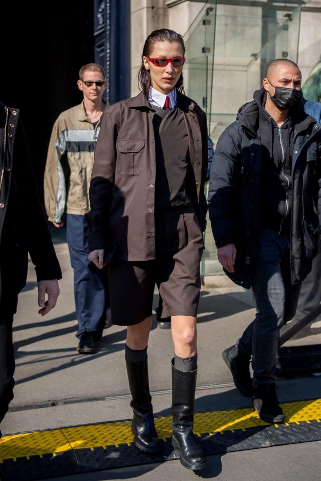 Bella Hadid Closes Out Paris Fashion Week in Schoolboy-Inspired Uniform &  Grunge Boots With Boyfriend Marc Kalman