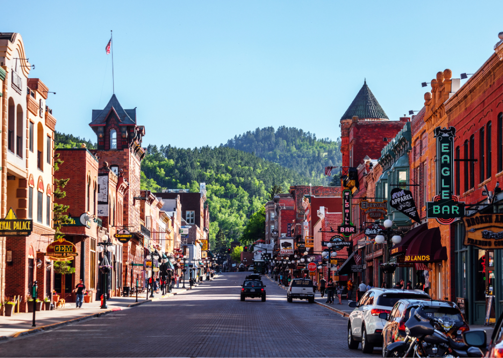 Close-up view of a small shopping district in South Dakota.