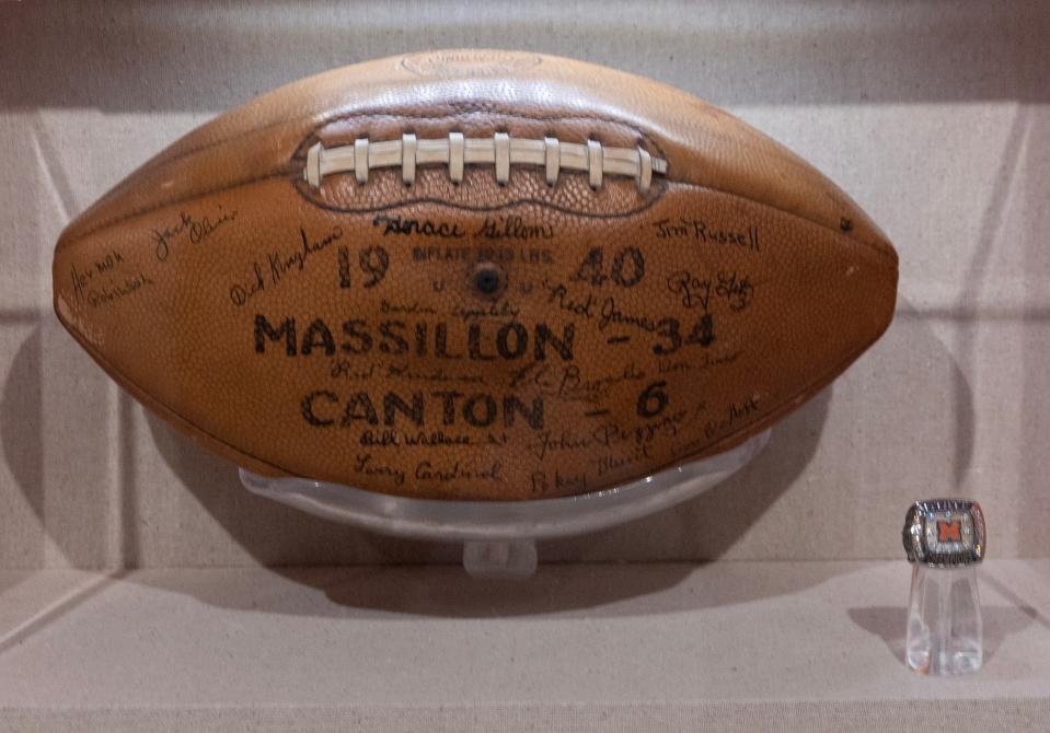 This 1940 championship game ball, Massillon beat Canton McKinley 34-6, is on display at the Massillon Museum.