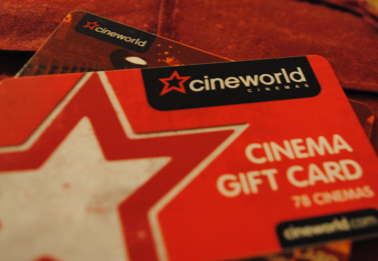 The Cineworld logo displayed on Cineworld gift cards