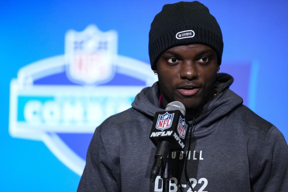 Utah defensive back Clark Phillips speaks during a press conference at the NFLcombine in Indianapolis, Thursday, March 2, 2023. | Michael Conroy, Associated Press