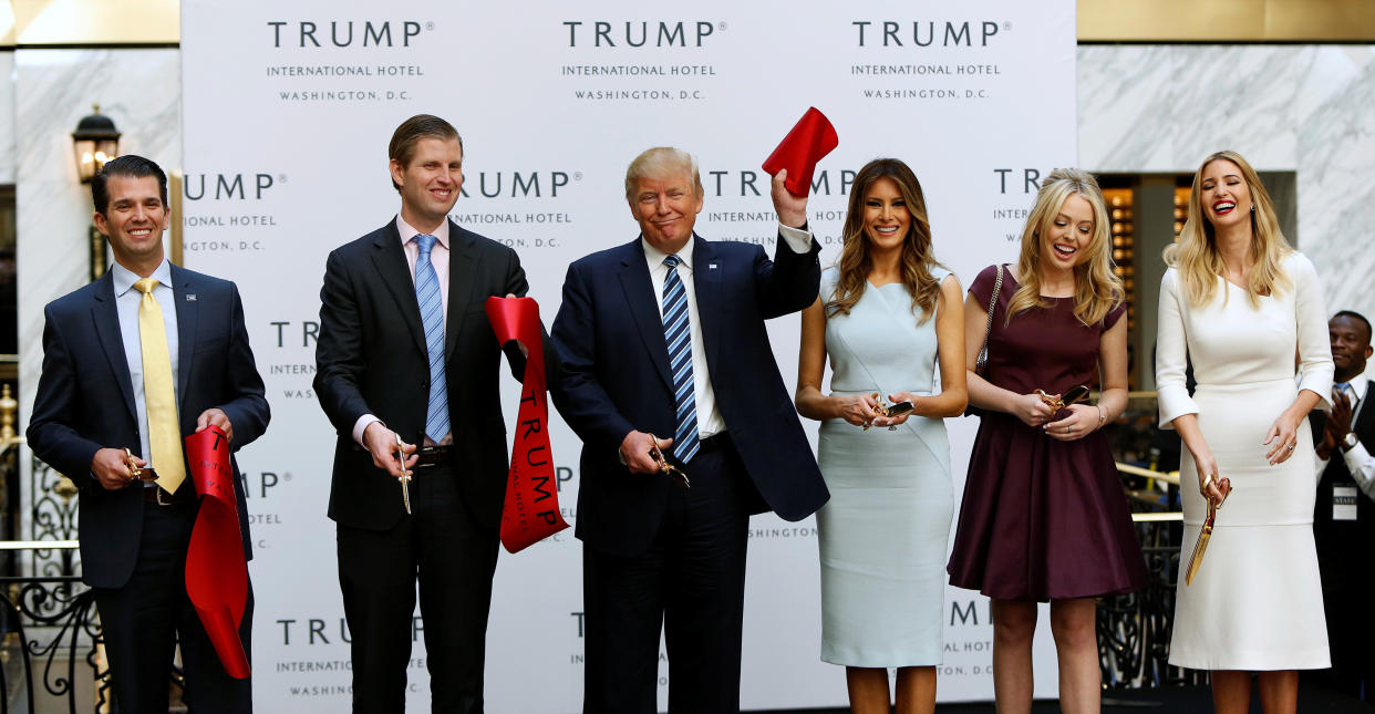 Donald Trump Jr., Eric Trump, Donald Trump, Melania Trump, Tiffany Trump and Ivanka Trump attend an official ribbon-cutting ceremony at the Trump International Hotel in Washington on Oct. 26, 2016.&nbsp; (Photo: Gary Cameron/Reuters)