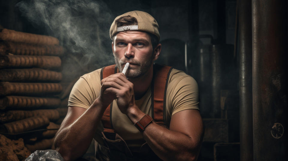 A worker athlete with a rolling paper held in hand, smoking from the finished cigar.