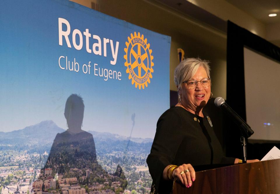 Diana Bray, who was elected at the first woman president of the Eugene Rotary Club in 1996, speaks during the 100-year party at the Graduate Hotel.