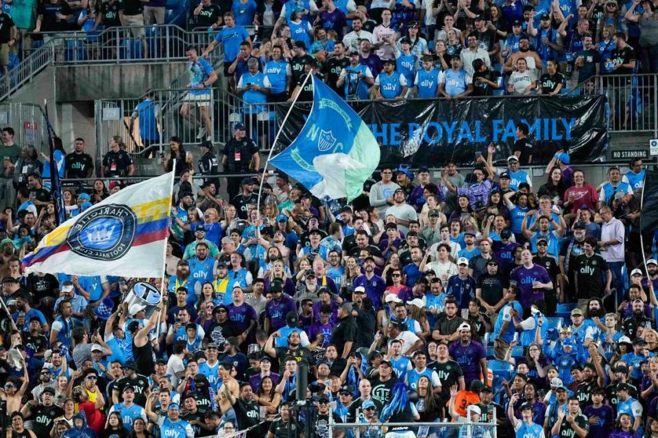 Charlotte FC fans react to the tying goal by Charlotte FC midfielder Brandon Cambridge (not pictured) during the second half against the Chicago Fire at Bank of America Stadium. Jim Dedmon/Jim Dedmon-USA TODAY Sports