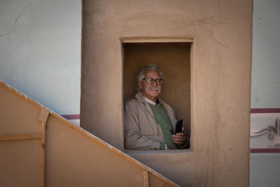 Fekri Hassan, 81, seen backstage at a community theater designed by Hassan Fathy in New Gourna in the suburbs of Luxor, Egypt. (Sima Diab for The Washington Post)