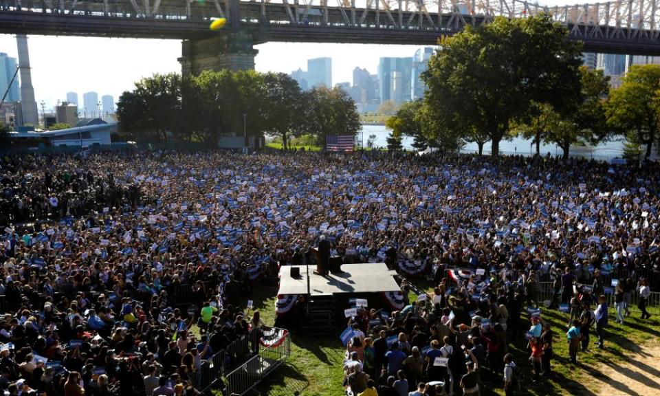 Thousands of supporters attend a campaign rally at Queensbridge Park in New York for Bernie Sanders in October 2019. Some see Sanders’ campaigns as a model for a left alternative.