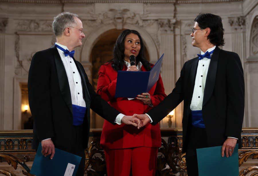 San Francisco Mayor London Breed renews the vows of same-sex couple Stuart Gafney (R) and John Lewis during during a “Winter of Love” ceremony at City Hall on February 14, 2024. (Photo by Justin Sullivan/Getty Images)