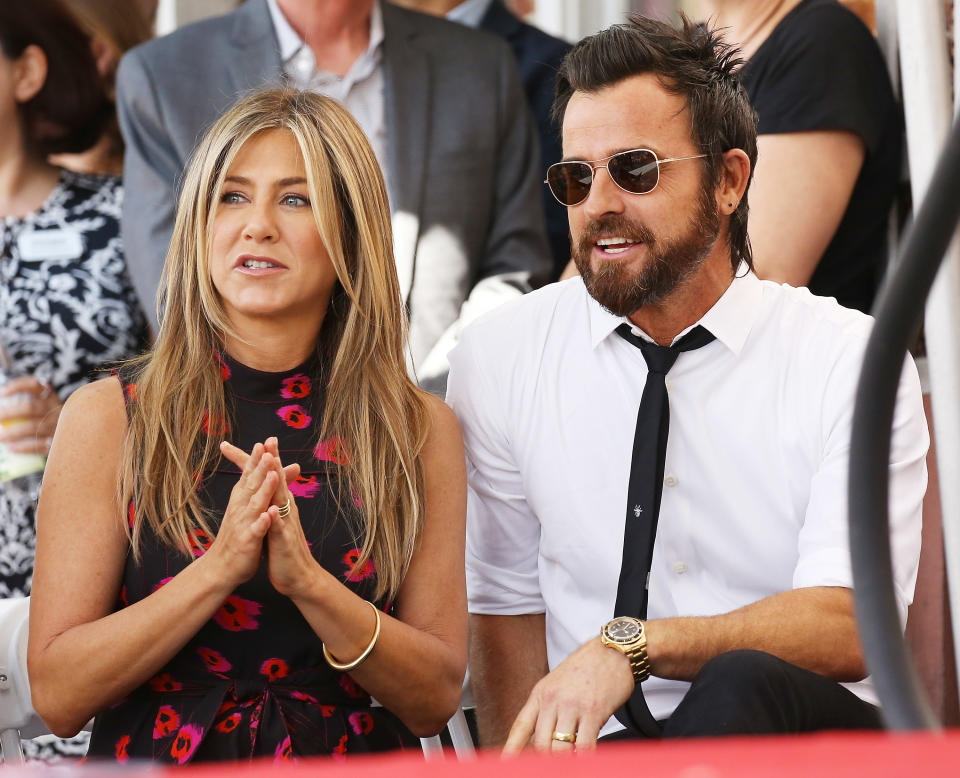 HOLLYWOOD, CA - JULY 26:  Jennifer Aniston and Justin Theroux attend the ceremony honoring Jason Bateman with a Star on The Hollywood Walk of Fame held on July 26, 2017 in Hollywood, California.  (Photo by Michael Tran/FilmMagic)