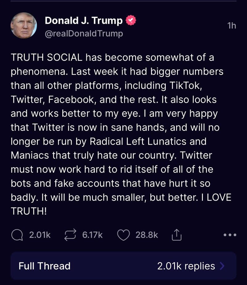 Screenshot of Truth Social post