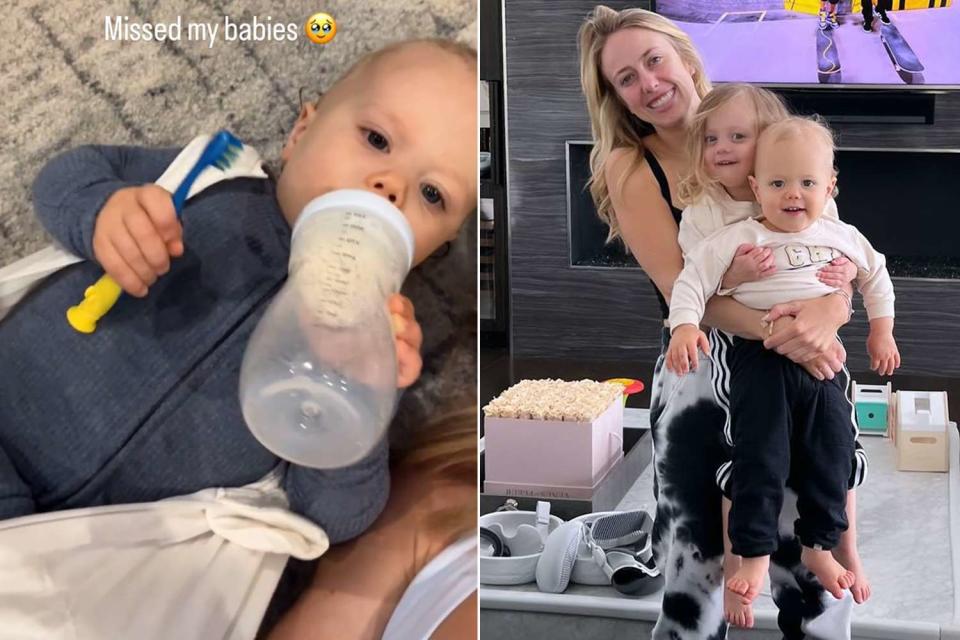 <p>Brittany Mahomes/Instagram (2)</p> Brittany Mahomes with her son Bronze, 16 months, and daughter Sterling, 3 