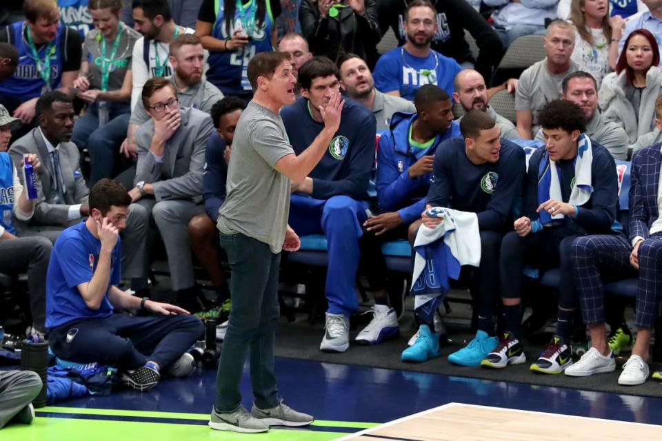 <div class="inline-image__caption"><p>Team owner Mark Cuban of the Dallas Mavericks reacts angrily to a call as the Mavericks take on the Portland Trail Blazers in the fourth quarter at American Airlines Center on January 17, 2020, in Dallas, Texas. </p></div> <div class="inline-image__credit">Tom Pennington/Getty</div>