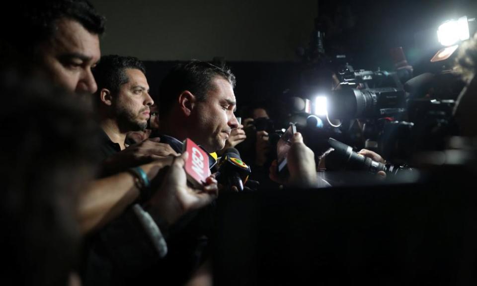 Flavio Bolsonaro, son of presidential candidate Jair Bolsonaro leaves the Santa Casa hospital, where his father was hospitalized.