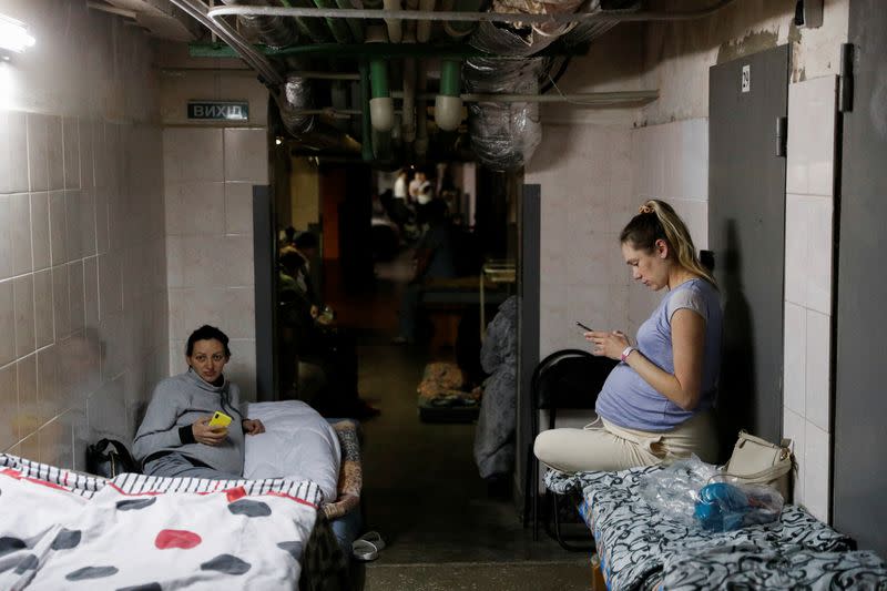 Patients take shelter in the basement of a perinatal centre as air raid siren sounds are heard amid Russia's invasion of Ukraine, in Kyiv