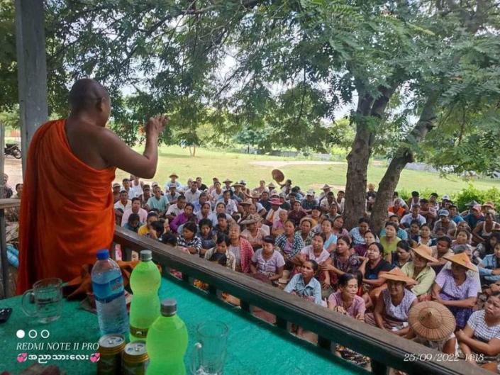 Wathawa, a pro-junta monk, addresses crowds, in Myanmar
