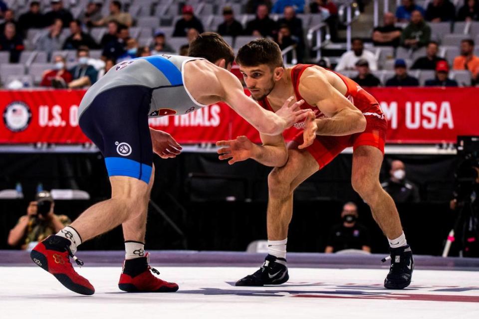 Penn State alum Zain Retherford, right, wrestles Joseph McKenna at 65 kg during the second session of the USA Wrestling Olympic Team Trials in 2021 at Dickies Arena in Fort Worth, Texas. Some 21 Penn State-affiliated wrestlers will take part in the 2024 USA Wrestling Olympic Team Trials at PSU’s Bryce Jordan Center on Friday and Saturday.