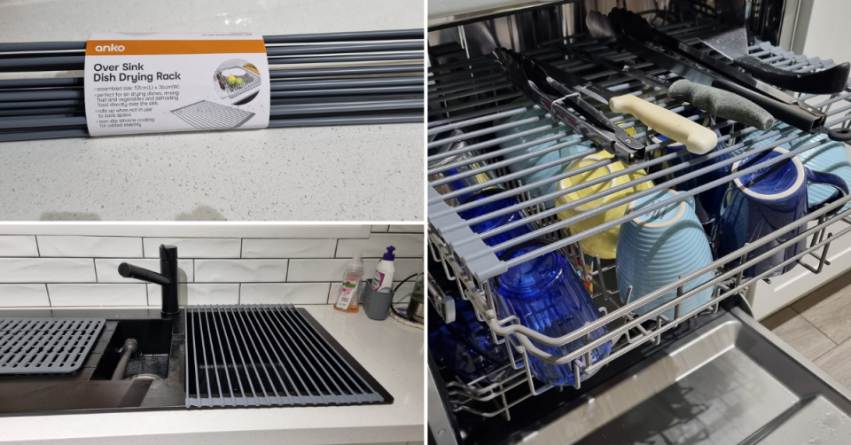 A simple hack tshowing the Kmart rolled dish rack, how it looks on the sink and how to use it as a cutlery drawer in your dishwasher