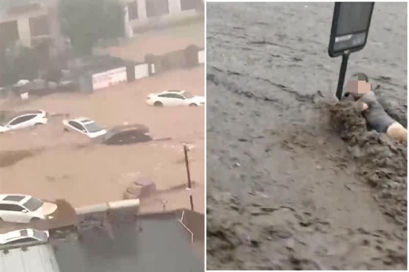 北京河北下破紀錄暴雨，道路變河流，多輛車連人被沖走生死未卜。（圖／翻自微博+推特）