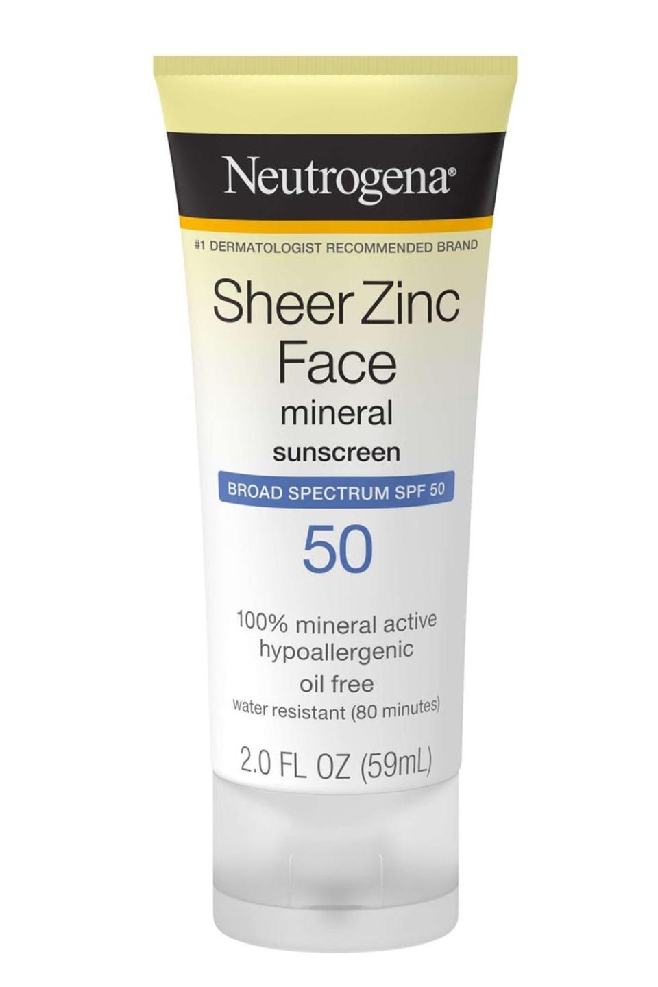 14) Neutrogena Sheer Zinc Face Mineral Sunscreen SPF 50