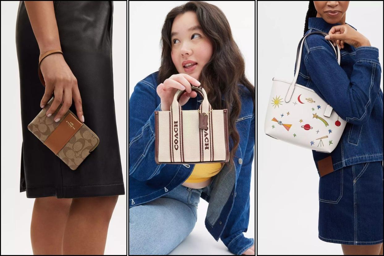 someone holding a coach outlet wristlet, a mini tote bag, and a tote bag with a fun design