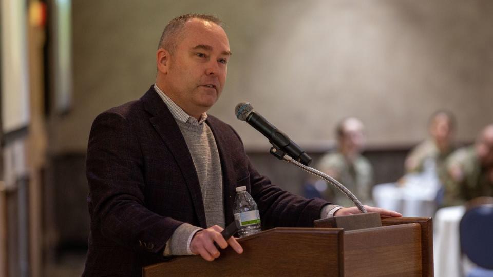 Craig Bryan, a psychologist and mental health researcher at Ohio State University, speaks about suicide prevention at Fort Drum, New York, on Feb. 23, 2022. His conception of systemic suicide risk is gaining influence in military circles. (Spc. Ethan Scofield/Army)