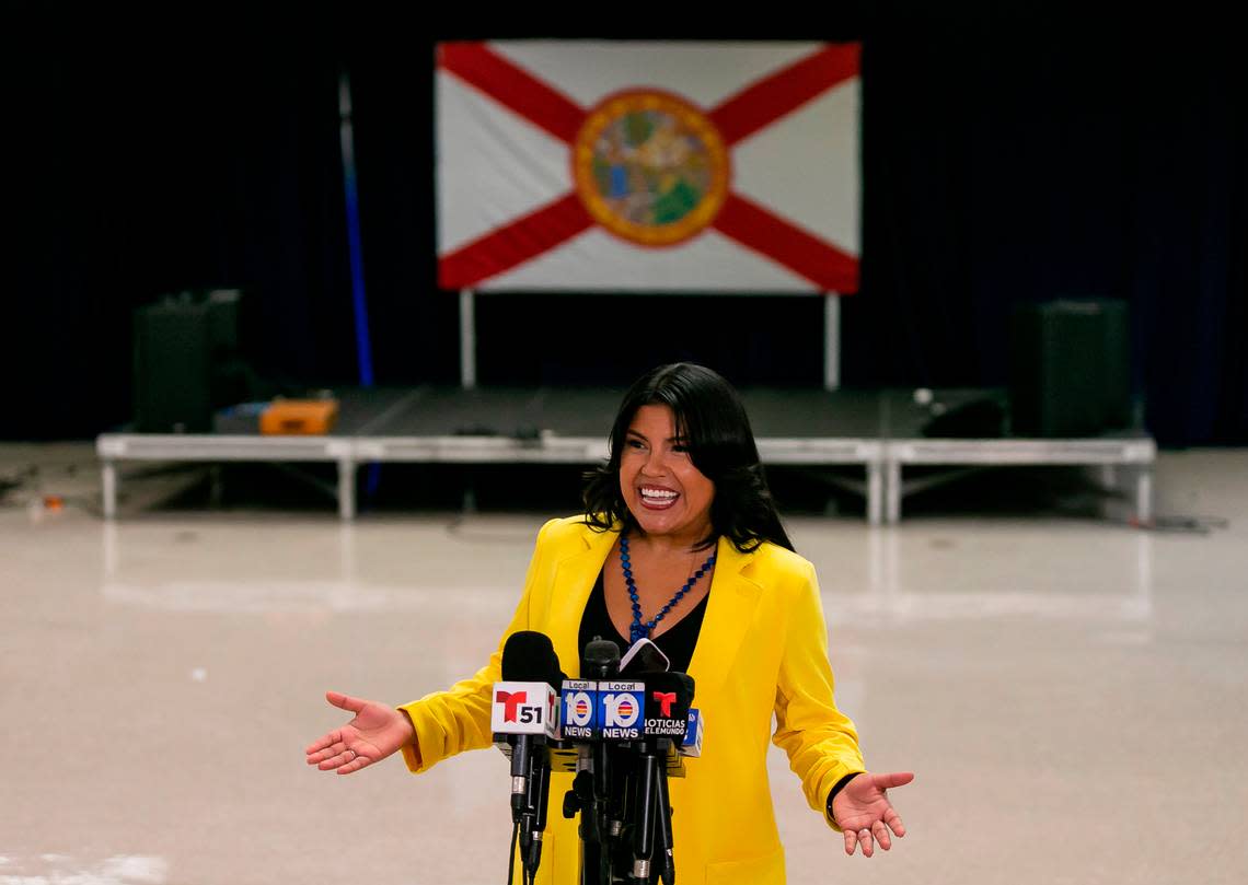 Karla Hernandez-Mats, the president of United Teachers of Dade and a vice president of the American Federation of Teachers, holds a press conference at Hialeah Middle Community School on Saturday, Aug. 27, 2022, in Hialeah, Fla. Charlie Crist announced that he selected Hernandez-Mats as his running mate in the race against Ron DeSantis for Florida governor.