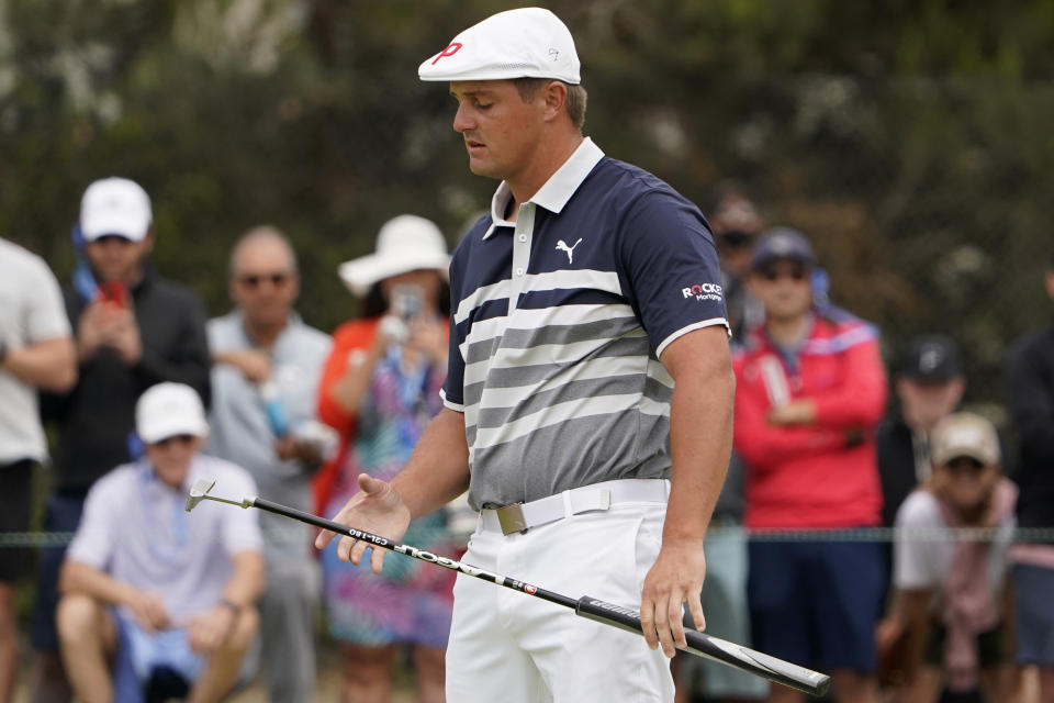 Bryson DeChambeau reacts after missing a putt on the 10th green during the final round of the U.S. Open Golf Championship, Sunday, June 20, 2021, at Torrey Pines Golf Course in San Diego. (AP Photo/Jae C. Hong)