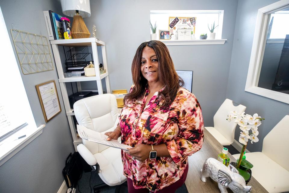 Lori Young works in her office space in the BizLinc business incubator in Lake Wales. The facility, operated by Florida Development Corporation, rents private offices and shared desk spaces to small-business owners. Lake Wales signed a contract with Florida Development Corporation in 2022 to operate BizLinc, offering $1.2 million over three years.