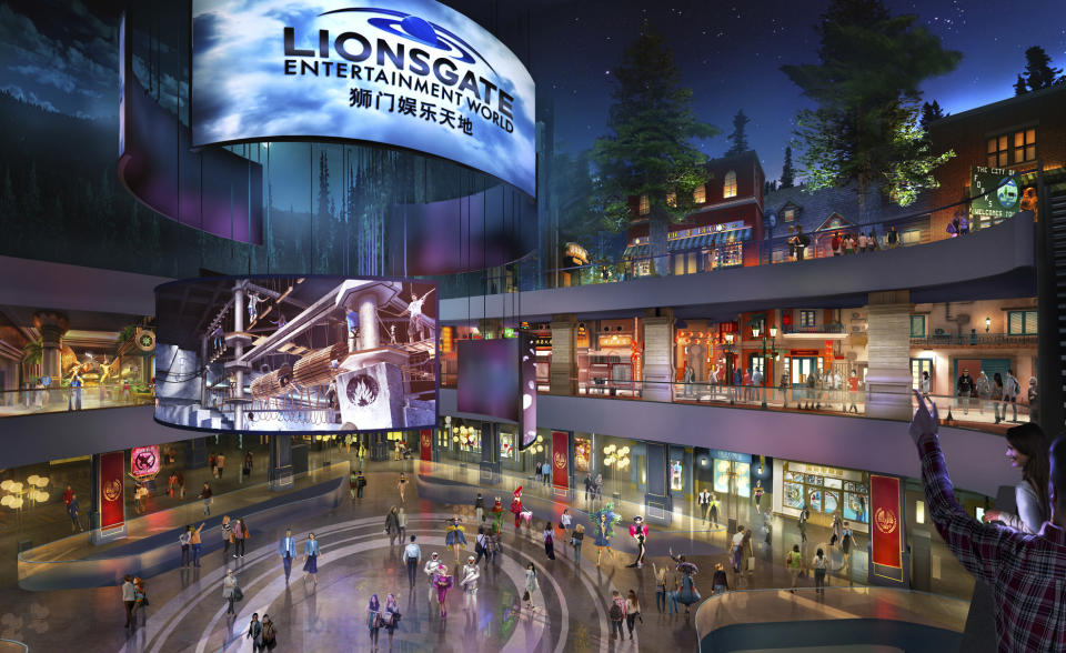 This rendering released by Lionsgate shows the atrium of Lionsgate Entertainment World, a virtual reality-heavy theme park set to open in July on Hengqin island in Zhuhai, China. The park will feature rides, shops and attractions set in the worlds of popular Lionsgate films including "The Hunger Games," "Twilight" and "Escape Room." (Lionsgate via AP)