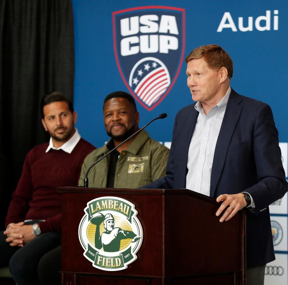 Green Bay Packers president and CEO Mark Murphy announces on May 2, 2022, that Lambeau Field will host its first-ever soccer match this summer between Manchester City and Bayern Munich.
