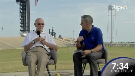 Astronaut Michael Collins speaks with NASA's John F. Kennedy Space Center Director Robert Cabana at Launch Pad 39A at the NASA's John F. Kennedy Space Center on the 50th anniversary of the launch of the Apollo 11 mission to the moon, in Cape Canaveral