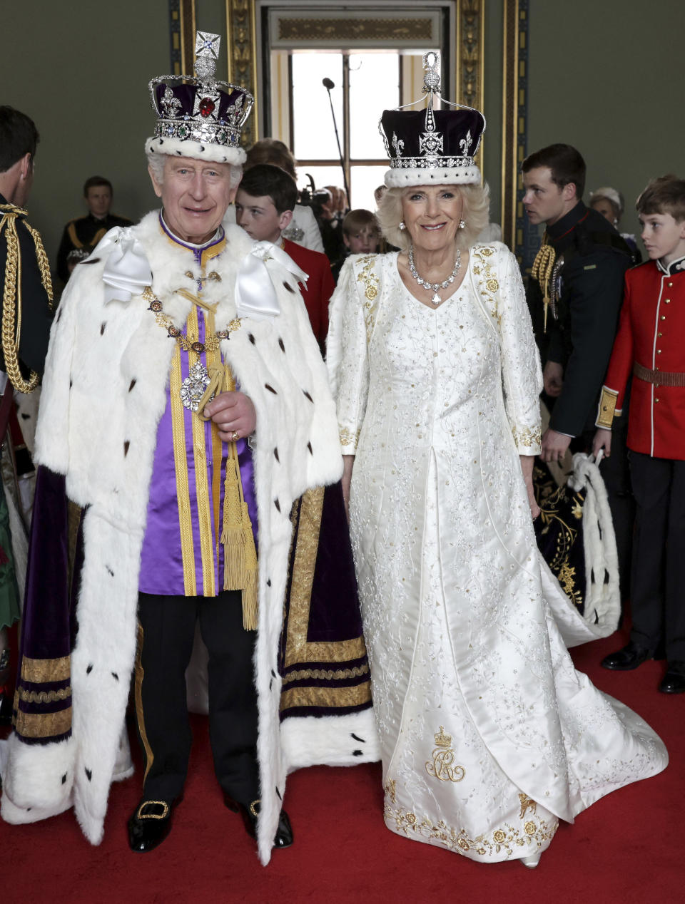 Britain's King Charles III and Queen Camilla arrive on balcony of Buckingham Palace after their coronation, in London, Saturday, May 6, 2023. (Chris Jackson/Getty via AP)