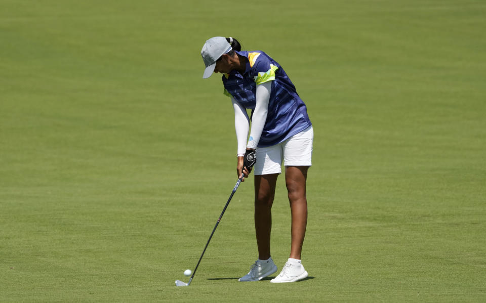Aditi Ashok, of India, plays a shot from the 17th fairway during the third round of the women's golf event at the 2020 Summer Olympics, Friday, Aug. 6, 2021, at the Kasumigaseki Country Club in Kawagoe, Japan. (AP Photo/Darron Cummings)