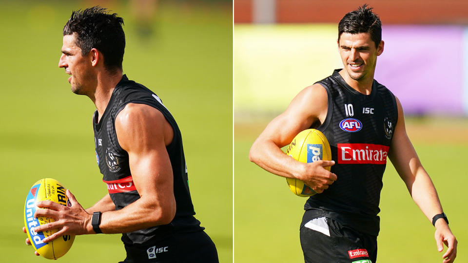 Seen here, cleared Collingwood captain Scott Pendlebury has returned to Magpies training.