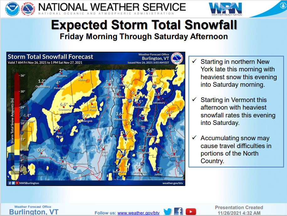 Predicted snowfall totals for a Friday-Saturday winter storm are shown in this map created by the National Weather Service on Nov. 26, 2021.