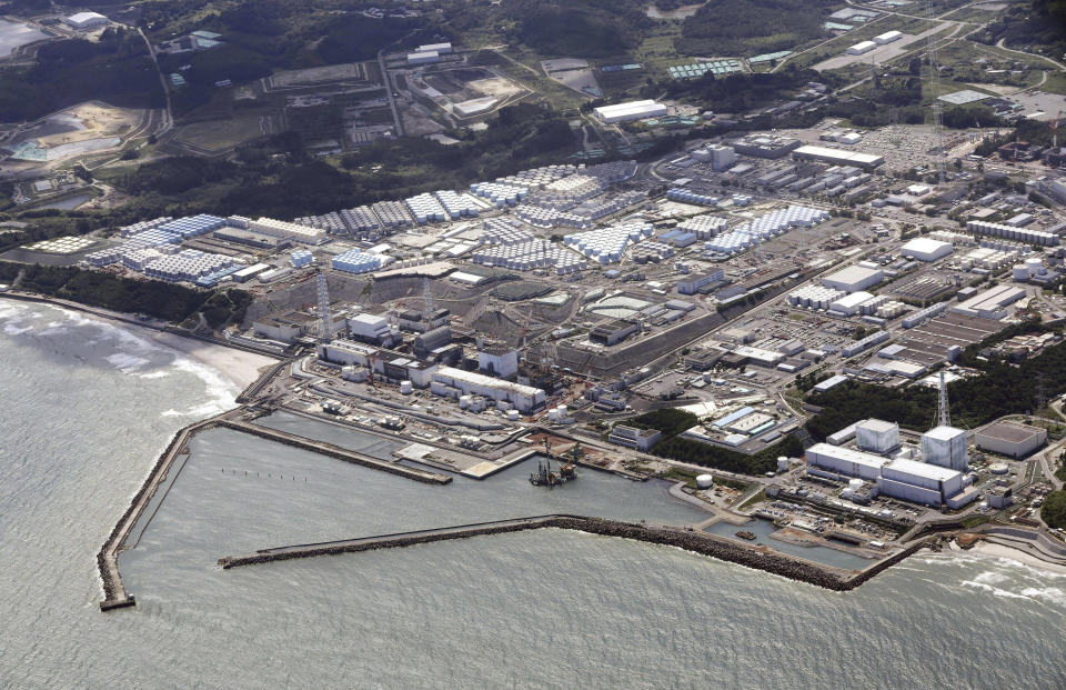 This aerial view shows the Fukushima Daiichi nuclear power plant in Fukushima, northern Japan, Thursday, Aug. 24, 2023. The operator of the tsunami-wrecked Fukushima Daiichi nuclear power plant says it has begun releasing its first batch of treated radioactive water into the Pacific Ocean — a controversial step, but a milestone for Japan’s battle with the growing radioactive water stockpile.(Kyodo News via AP)