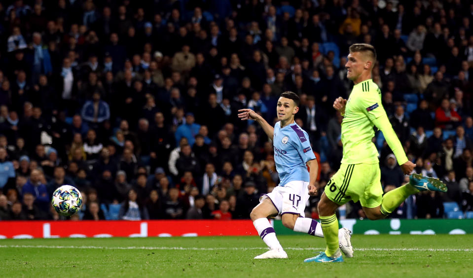 Manchester City's Phil Foden scores his side's second goal of the game Manchester City v Dinamo Zagreb - UEFA Champions League - Group C - Etihad Stadium 01-10-2019 . (Photo by  Tim Goode/EMPICS/PA Images via Getty Images)